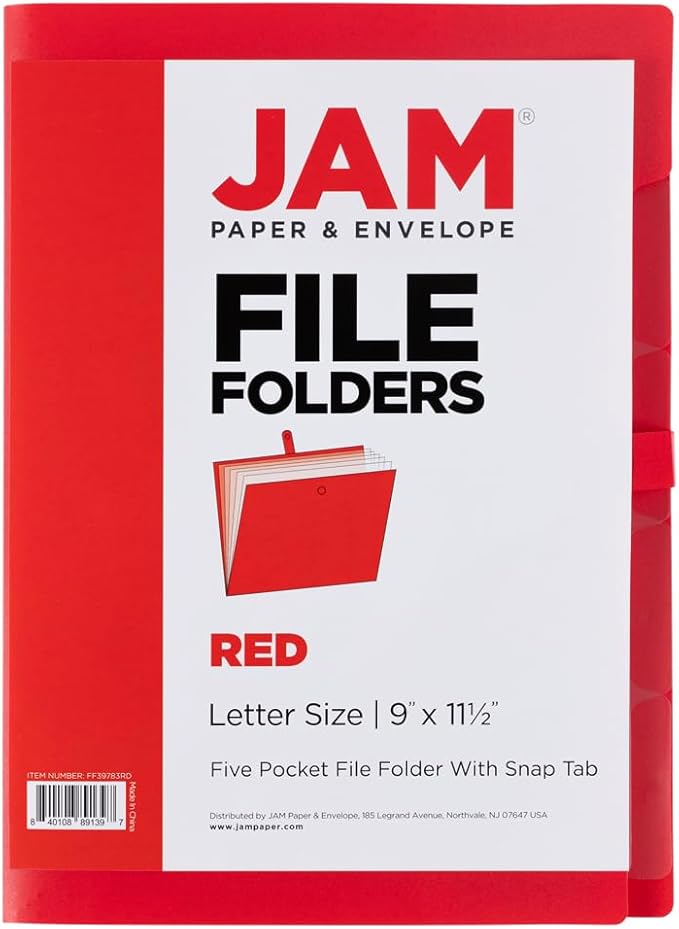 JAM PAPER Slim Expanding File Folder - 5 Pocket Plastic File Folder – Snap Closure - 9 x 11 1/2 - Red - Sold Individually