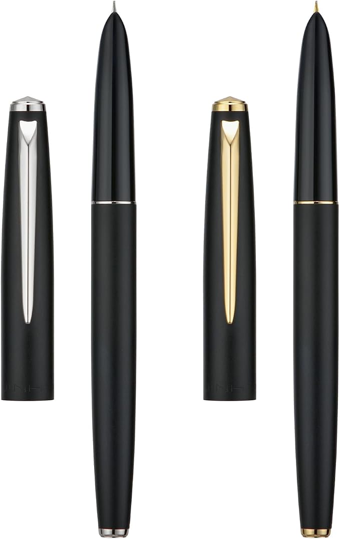 2PCS Jinhao 911 Fountain Pen Extra Fine Nib, Matte Black with Gold & Silver Trim, Lightweight and Durable, Includes Ink Cartridges & Converters, Smooth Writing Pen