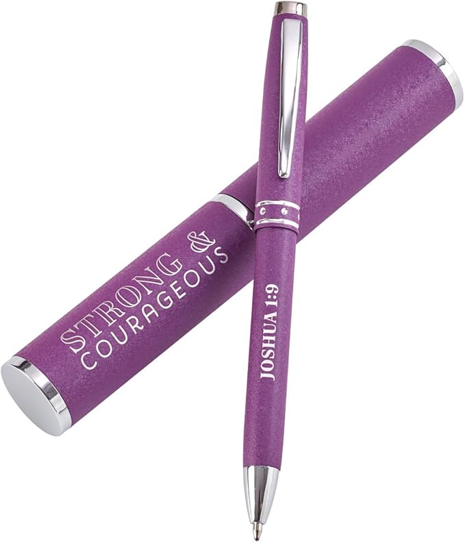 Christian Art Gifts Strong & Courageous Purple Stylish Classic Pen in Matching Gift Case - Joshua 1:9 Bible Verse Refillable Retractable Medium Ballpoint Pen for Journal Planner Writing Note