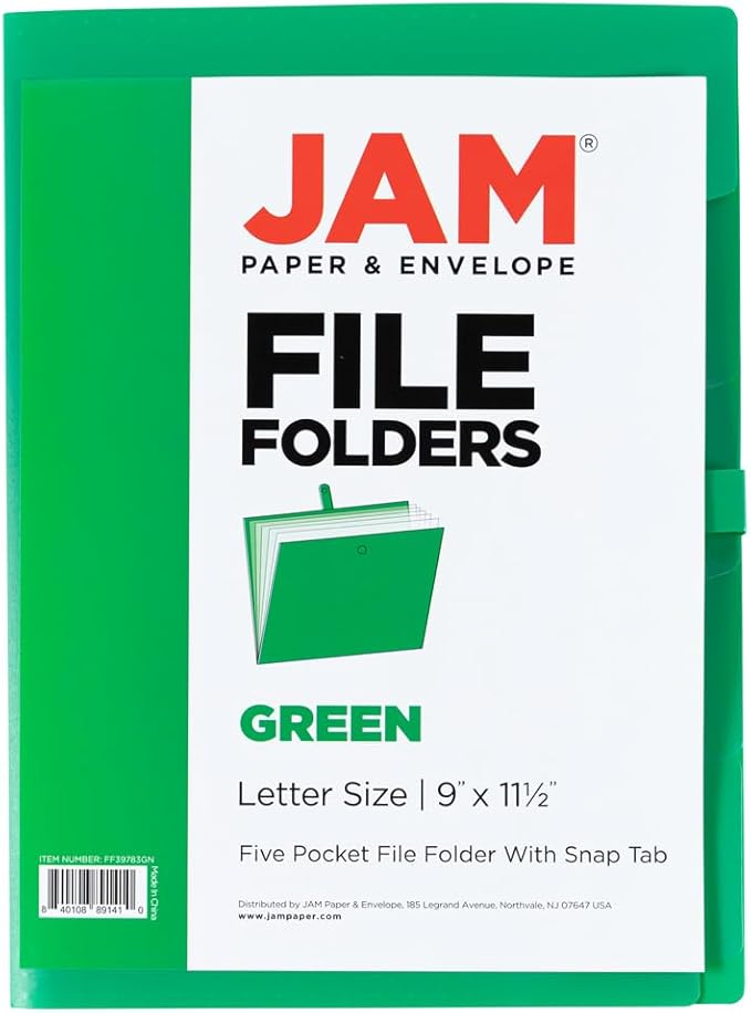 JAM PAPER Slim Expanding File Folder - 5 Pocket Plastic File Folder – Snap Closure - 9 x 11 1/2 - Green - Sold Individually
