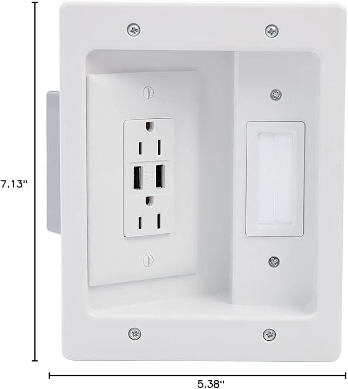 Legrand - OnQ in Wall Cable Management Kit with USB, TV Outlet Wall Kit Hides Cords, in Wall TV Power Kit Works with All Plugs, Recessed TV Outlet, White, HT21USBWHV1 (Hardwired)