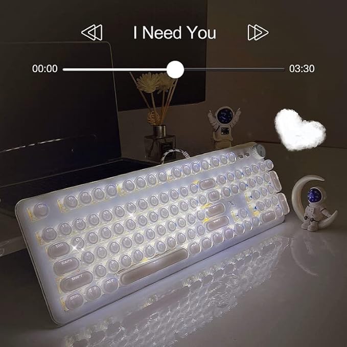 Gaming Keyboard with Retro Punk Typewriter Style. Blue Switch, Stylish White Backlight and White Mechanical Keyboard, Wired USB-A. for Game and Work.