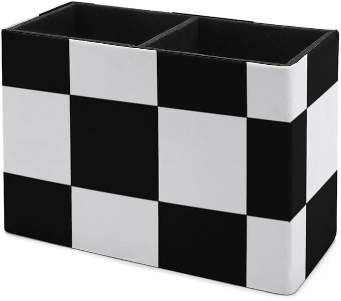 Black And White Grid PU Leather Pen Holder Desk Organizer, 2-Compartment Pencil Container for Office, Home, Vanity Use
