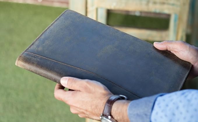 KomalC Leather Portfolio Folder for Men & Women – Professional Business Padfolio Organizer with 2 Pen Holders, Card Slots & Document Sleeve, Vintage Leather Conference Folder 13 x 10 Inch