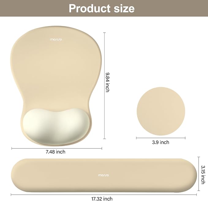 MOSISO Wrist Rest Support for Mouse Pad&Keyboard Set, Khaki | Curved Ergonomic Mousepad&Coaster Non-Slip Base Home/Office Pain Relief&Easy Typing Cushion with Soft Cloth&Silicone Lining