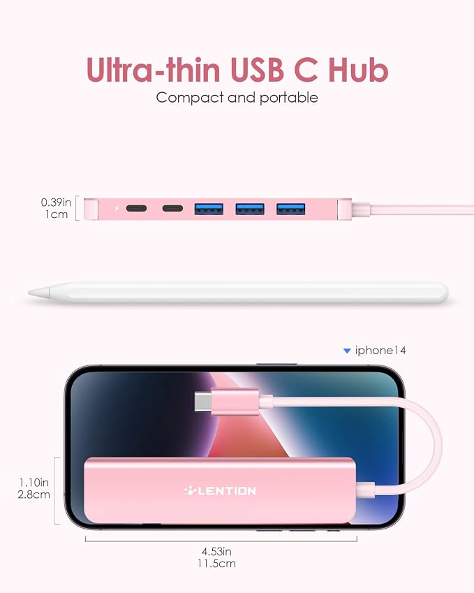 LENTION USB C Hub, Multiport with 4K@60Hz HDMI, 3xUSB-A Ports, USB-C Data Port, 100W PD Port, Compatible New MacBook Pro/Air, iPhone 17 Pro/Pro Max, Surface, Chromebook, More(CE35p, Rose Gold)