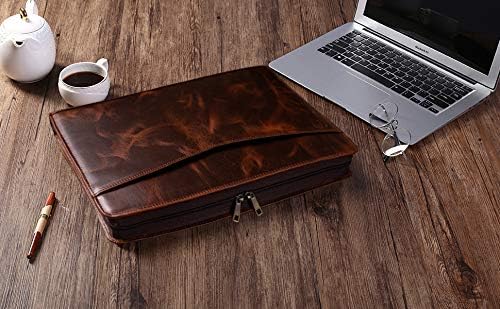 Genuine Leather Business Portfolio Padfolio Folder with Zipper for Men, Men's Leather Padfolio Folder for 13" Laptop, Business Portfolio for Letter Size Notepad, Graduation Gift,Oil Wax