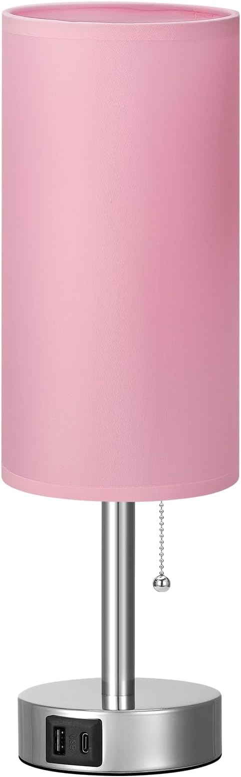 Dicoool Small Bedside Table Lamp for Bedroom, Pink Nightstand Lamp for Girls Kids, 3 Color Temperatures & USB Charging Port, Cute Desk Lamp for Teens Room Decor, Dorm Room Essentials