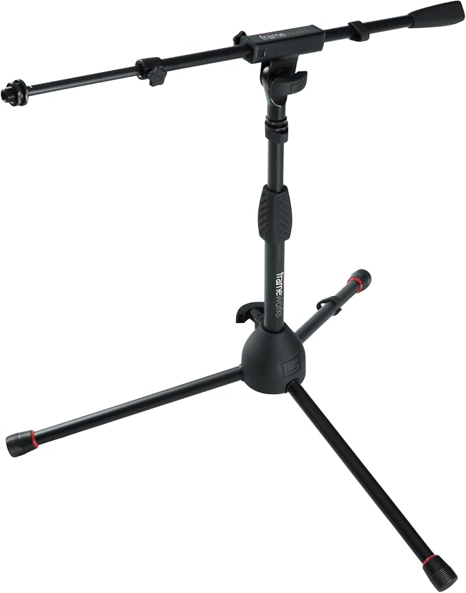 Gator Frameworks Short Tripod Base Microphone Stand with Soft Grip Twist Clutch, Boom Arm, and Both 3/8" and 5/8" Adapters (GFW-MIC-2621)