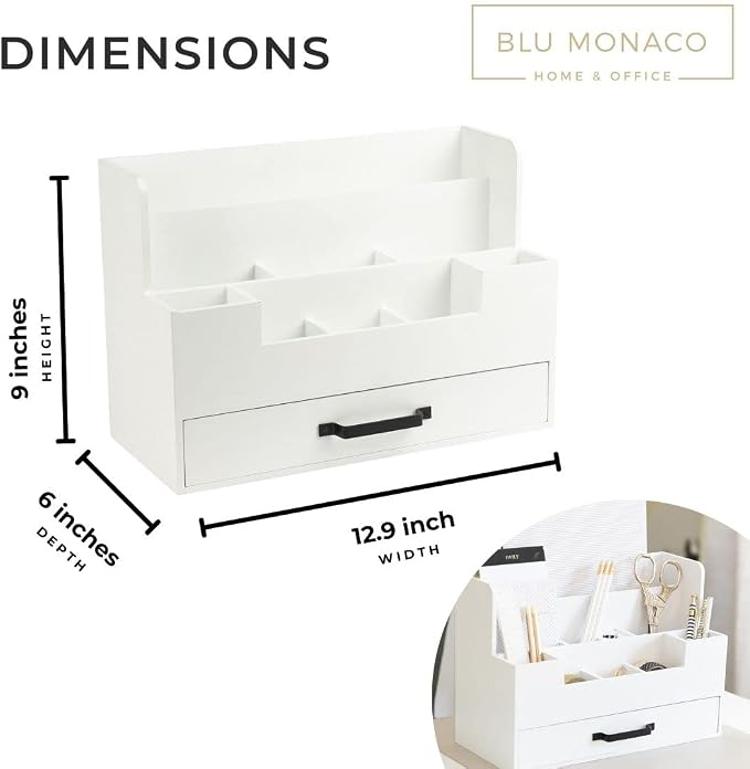 BLU MONACO White Wooden Desk Organizer With Drawer | Desktop Storage With Drawers | Multi-Compartment Desk Caddy for Home Office | 5.7βD x 12.9βW x 9βH Tabletop Accessory Holder