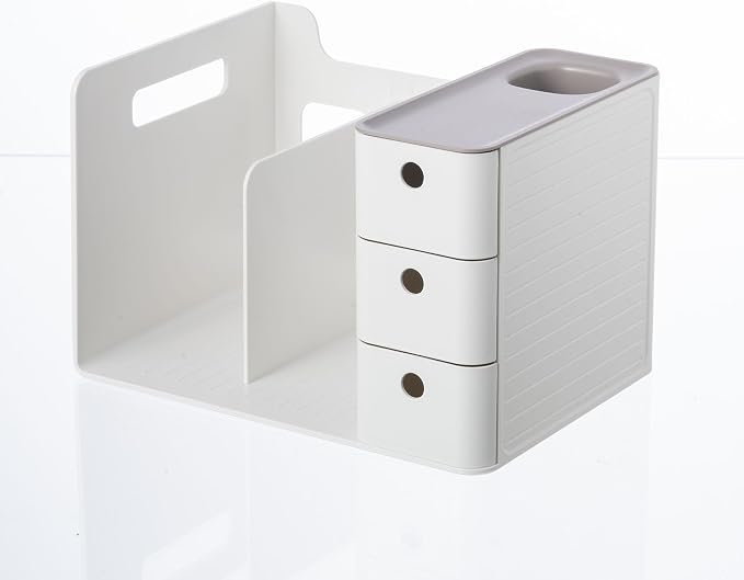White Plastic Desktop Organizer with File slots,3-tier Drawers with Pen Holder,Book Stand for Office Supplies and Desk Accessories (White+Grey)