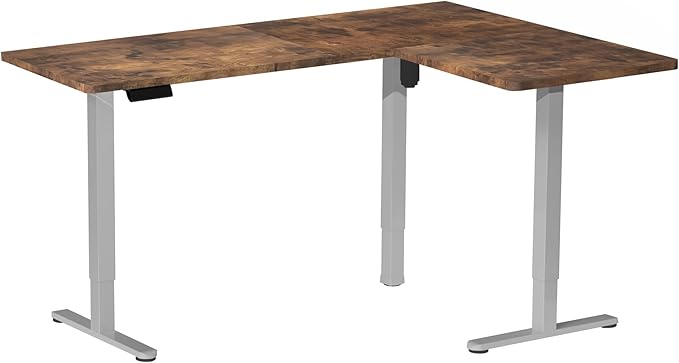 VIVO Corner Standing Desk, 63 x 55 inch Reversible L-Shaped Workstation, Electric Height Adjustment, Home, Office, and Reception Rooms, Rustic Vintage Brown Table Top Gray Frame, DESK-E3CTGN