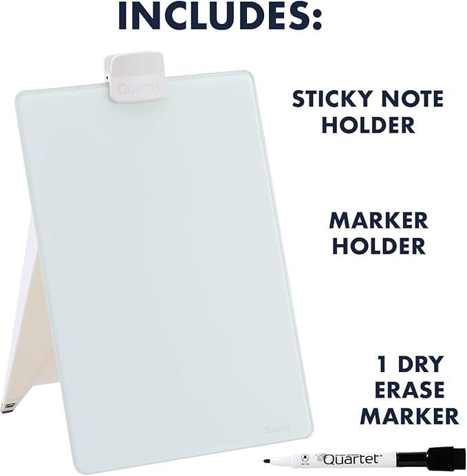 Quartet Dry Erase White Board 9"W x 11"H Desktop Glass Pad with Removable Clip and Marker, White (GDE119)