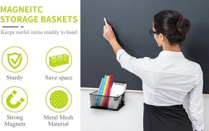 Neudeco Magnetic Locker Organizer and Accessories, Wire Mesh Magnetic Storage Basket, Magnetic Holder for Dry Erase Markers, Strong Magnet Pen Holder for Fridge School, Pack of 3, Black