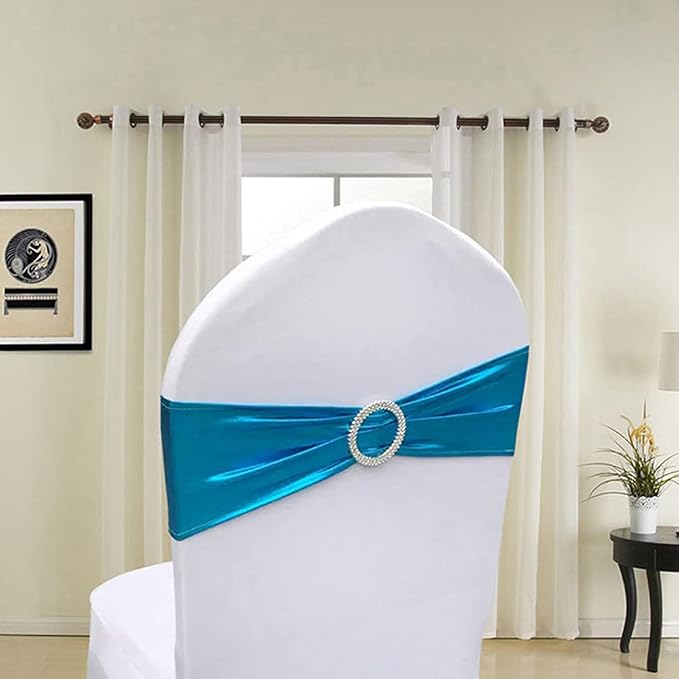 Tvoip 10PCS Chair Cover Stretch Band with Buckle Slider Sashes Bow Wedding Banquet Chair Decoration (Metallic Lake Blue)