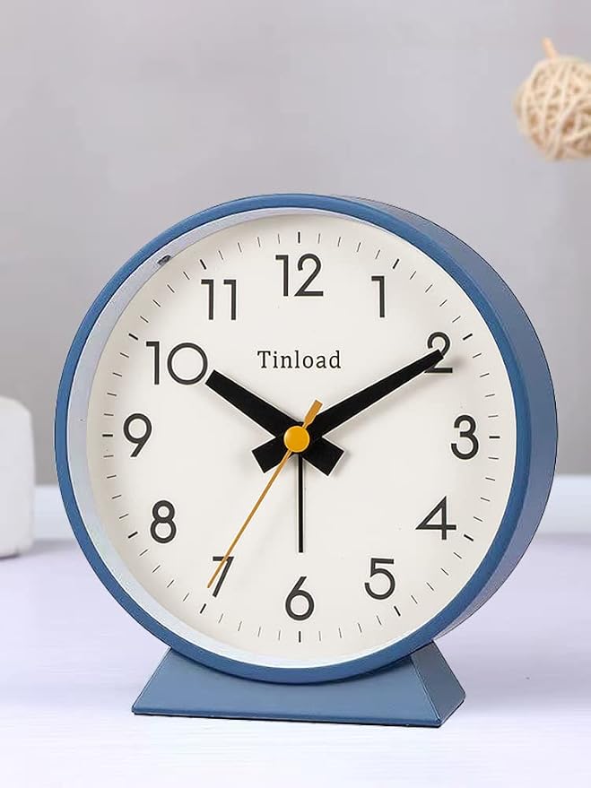 Tinload 4.5" Battery Operated Analog Alarm Clock, Small Silent Bedside Desk Clock with Night Light, Blue