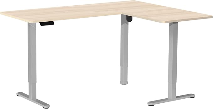 VIVO Corner Standing Desk, 63 x 55 inch Reversible L-Shaped Workstation, Electric Height Adjustment, Home, Office, and Reception Rooms, Light Wood Table Top Gray Frame, DESK-E3CTGC