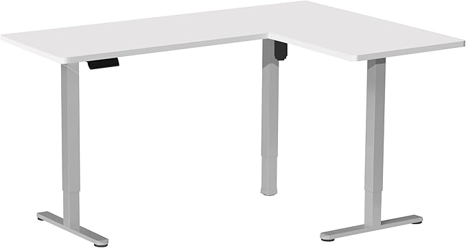 VIVO Corner Standing Desk, 63 x 55 inch Reversible L-Shaped Workstation, Electric Height Adjustment, Home, Office, and Reception Rooms, White Table Top Gray Frame, DESK-E3CTGW