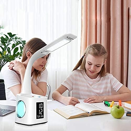 7-in-1 Study Desk Lamp with USB Charging, Screen, Calendar, Color Night Light, Kids LED Table Lamp with Pen Holder, Clock, Reading Light, 10W