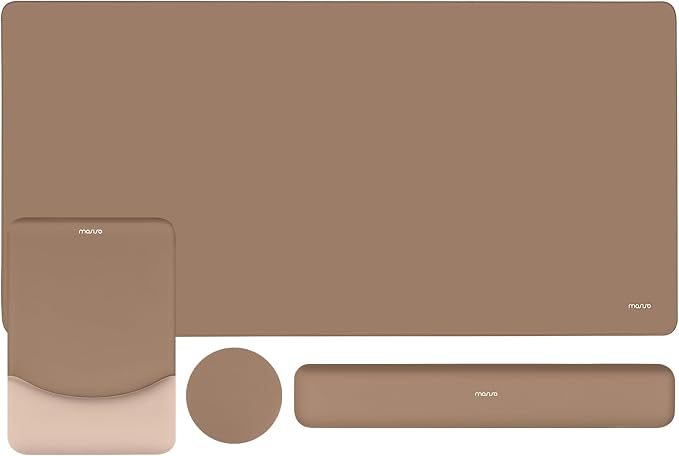 MOSISO Keyboard Mouse Pad Set, Large Gaming Mouse Pad&Rectangular Keyboard Wrist Rest&Mousepad with Wrist Rest&Coaster, Ergonomic Non-Slip&Easy Typing Pad with Curved Silicone Lining, Mocha
