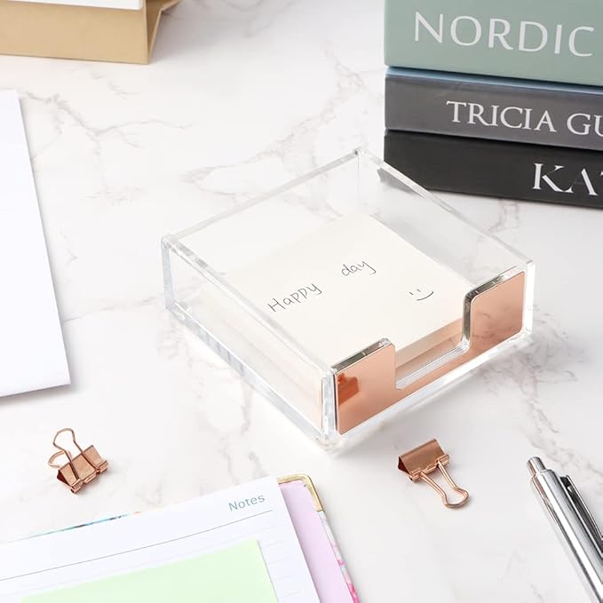 NatSumeBasics Rose Gold Sticky Note Holder Clear Post Note Holder Acrylic Memo Pad Holder Dispenser for Office Essentials Aesthetic Desk Accessories (Rose Gold)