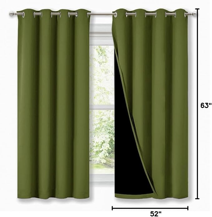 NICETOWN 100% Blackout Curtain Panels, Thermal Insulated Black Liner Curtains for Nursery Room, Noise Reducing and Cold Blocking Drapes for Windows (2 PCs, Olive Green, 52-inch Wide by 63-inch Long)