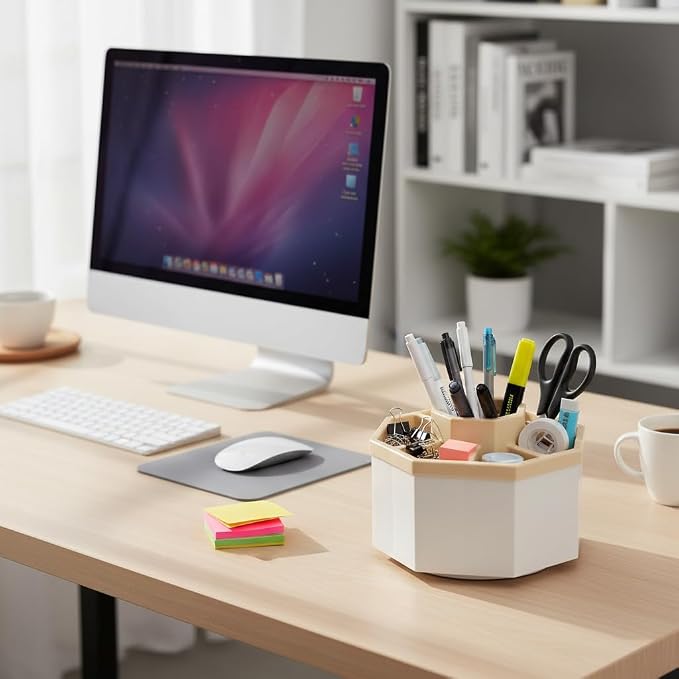 Jekelife 360 Degree Rotating Pen Holder,5-Compartment Desk Organizer,Beige | Five divided compartments and a smooth rotating base keep pens, pencils, markers, scissors and art supplies within reach.