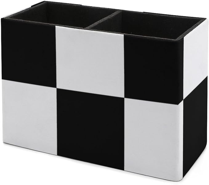 Black And White Plaid PU Leather Pen Holder Desk Organizer, 2-Compartment Pencil Container for Office, Home, Vanity Use