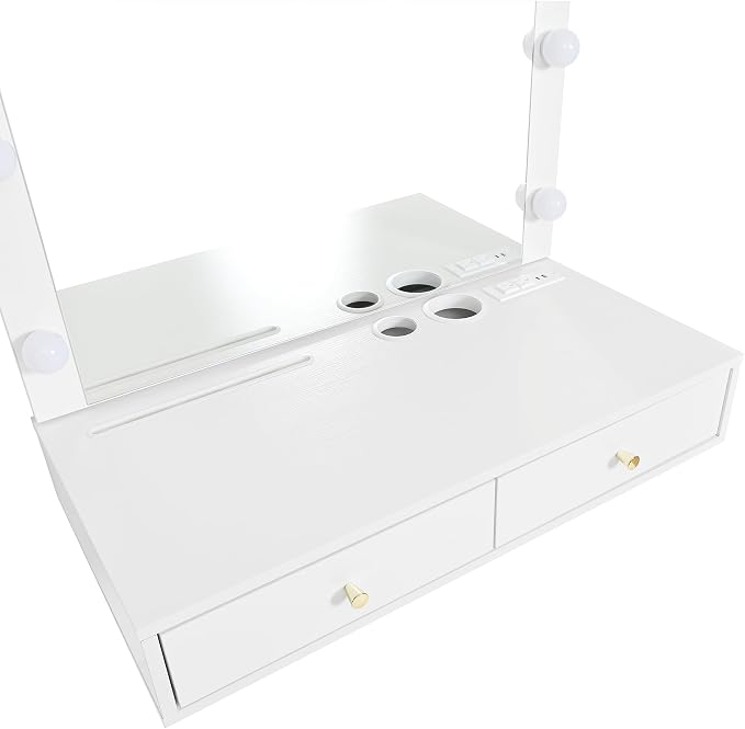 Floating Makeup Vanity Desk with Arched LED Mirror, 3-Color Lights, 2 Drawers, Charging Station, Wall Mounted, White