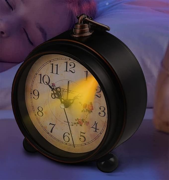 Vintage Analog Alarm Clock, Flower, 5.25 inch Small Silent | Desk Clock, Night Light, Battery Operated, For Table, Bedroom, Bedside, Living Room