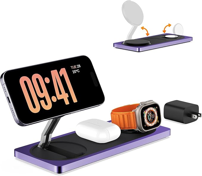 PETINO Mag-Safe Charger Stand, 3-in-1 Magnetic Wireless Charging Station for Apple Devices, iPhone 15/14/13/12 Series, Apple Watch, AirPods Pro (Purple) | For iPhone 17/Air/16/15/14/13/12, AirPods & Apple Watch, Foldable Portable Aluminum Charging Stan...