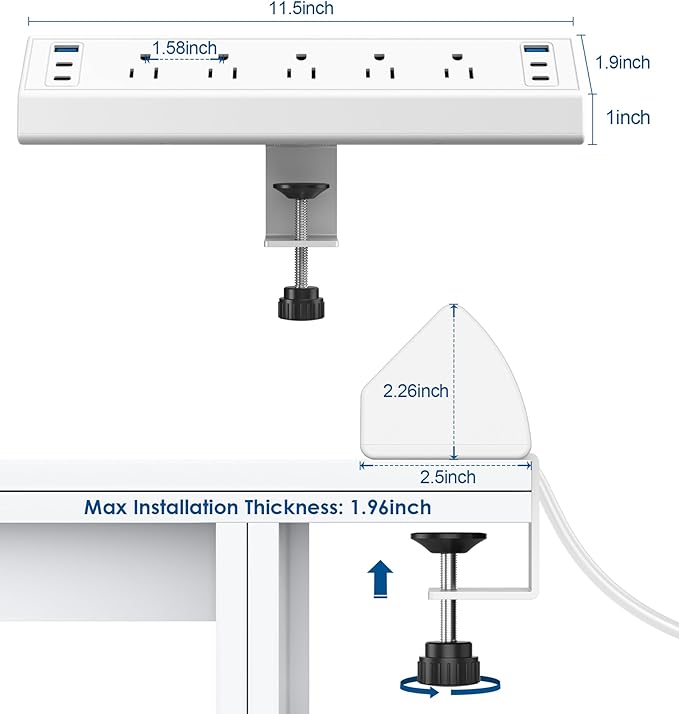 Jgstkcity Desk Clamp Power Strip USB C,40W Total Fast Charging Station,4 PD 20W USB C Ports,Desk Edge Mount Surge Protector,5 Outlets,Fit 1.96" Tabletop Edge,ETL Listed,White (Pack of 2)