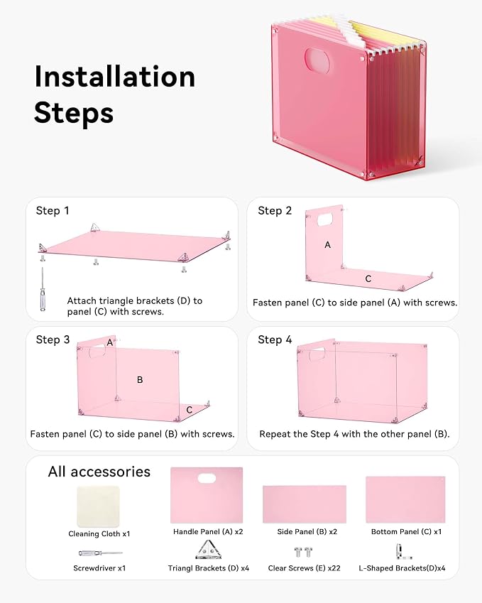 Oterri Pink Acrylic File Organizer with Handle, Desktop Box | 3mm Acrylic, Stain-Resistant, With Handle, Holds Letter Docs, Includes Hardware, Office, Home, Classroom, Countertop.