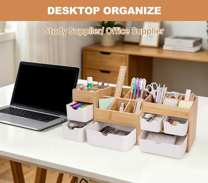 Bamboo Desktop Organizer with 3 Drawers, Drawer Tabletop Storage Organization Box for Home/Office, 3-Tier Makeup Vanity Organizer for Dresser Countertop, Detachable Divider