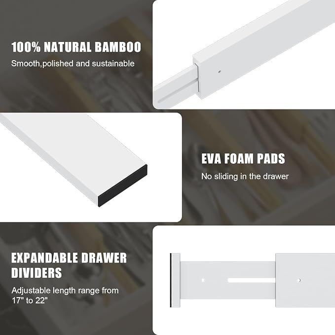 Bamboo Drawer Dividers, Adjustable Drawer Organizers, Fits 17.6–21" Drawers | 2.5" High, 4 Pack Expandable Drawer Separators for Kitchen, Nursery, Dressers & Office Storage, White