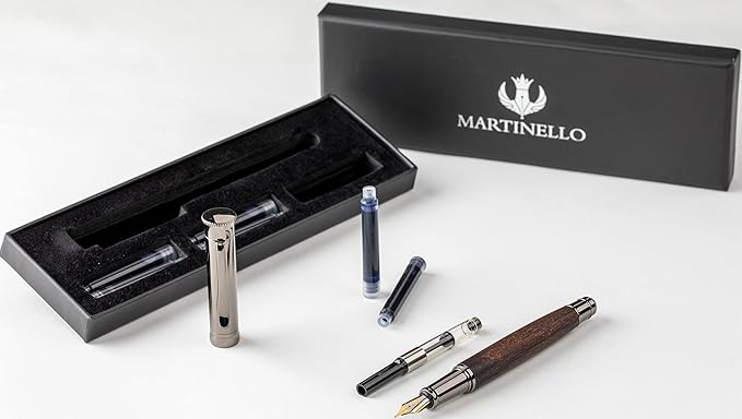 Executive Classic Style Fountain pen - Gun Grey Polished metal with Artisanal Wood - Includes Converter Piston and 6 Ink Cartridges (Walnut)
