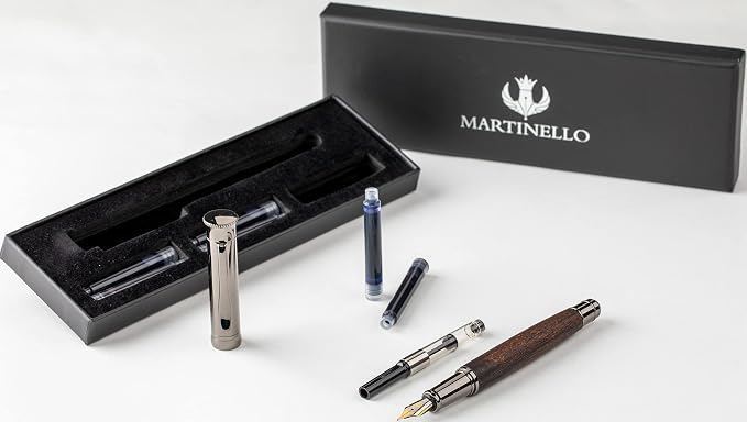 Executive Classic Style Fountain pen - Gun Grey Polished metal with Artisanal Wood - Includes Converter Piston and 6 Ink Cartridges (Walnut)