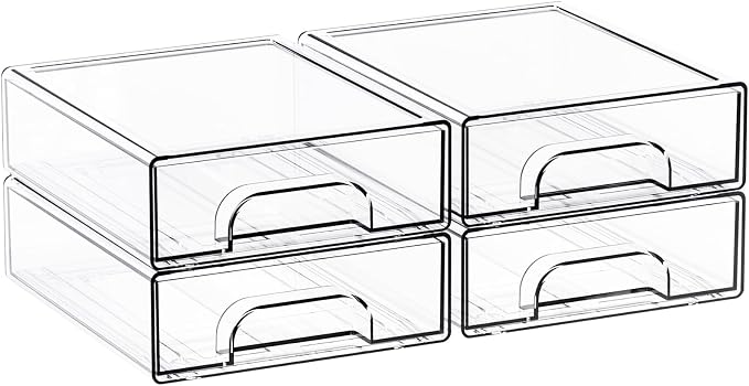 2.2'' High Small Clear Stackable Storage Drawers,4 Pack Desk Organization and Storage Bins,Plastic Office Supply Organizer,Acrylic Drawer Storage Organizer for Makeup,Accessory,Pen,Art Crafts