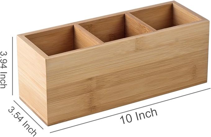 Bamboo Wood Pens Pencils Holder Cup for Desk Remote Control Holder, Caddy,Organizer,Desktop Storage with 3 Compartments,Makeup Brush Holder,Silverware Caddy for Party,Office Supplies (3 Grid)