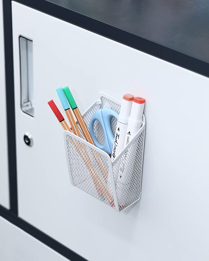 Magnetic Pencil Holder,Mesh Stainless Steel Pen Basket, Metal Writing Utensil Storage Organizer for Whiteboard,Blackboard,Kitchen, Locker, Home, or Office