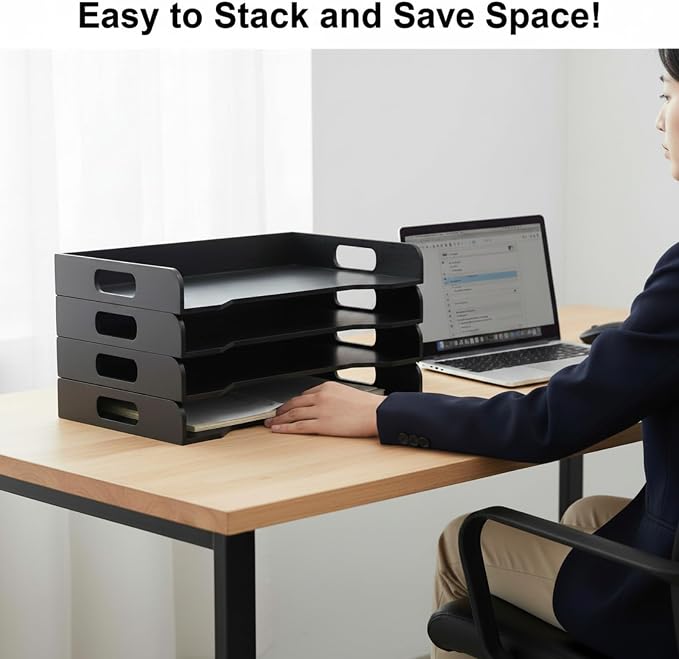 Wooden Stackable Paper Trays 4-tier Wooden Paper Organizer for Desk Letter Documents Woodens Desktop File Organizers for Desktop File Holder and Office Supplies Rack for Home Office Use (Black)
