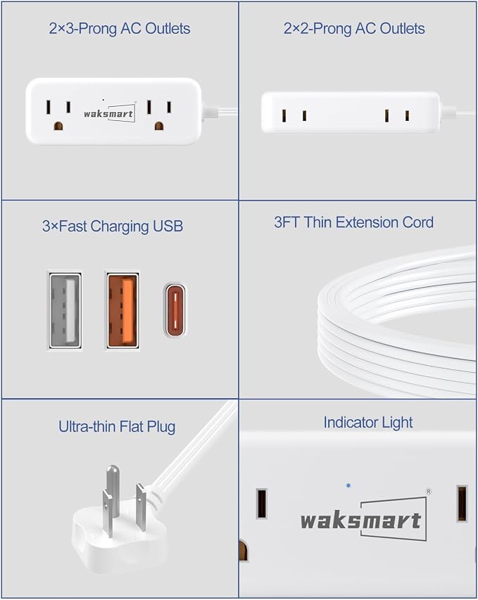 PD20W Flat Plug Power Strip -3 Ft Flat Plug Extension Cord with 4 AC Outlets 3 Quick Charging USB Ports, Flat Outlet Wall Plug Compact for College Dorm, Travel, Home, Office Desk Accessories