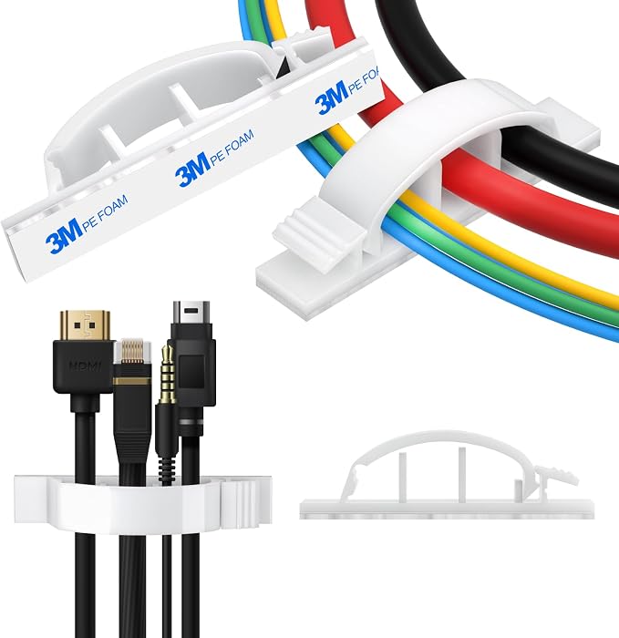 XHF 50pcs Adhesive Cable Wire Clips white, Outdoor Cable Management Wire Organizer Cord Holder for Under Desk, Car, Wall, TV PC Ethernet Cable