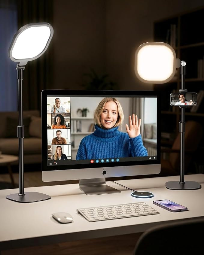 LitONES 2Pcs Desktop Video Conference Lighting for Zoom Meeting, Computer, Laptop, Work from Home with Nature Soft Light, Adjustable Brightness & Color Temp and Flexible Stand & Versatile Phone Holder