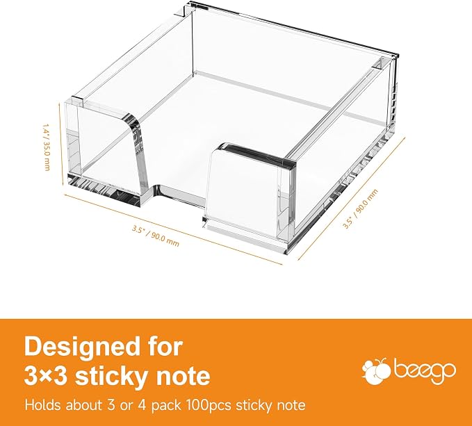 Beego Modern Elegant Crystal Clear Acrylic Sticky Note Holder Organizer - 3x3 in Square Notepad Holder - 3 Count - No Pads - Office Desk Organization