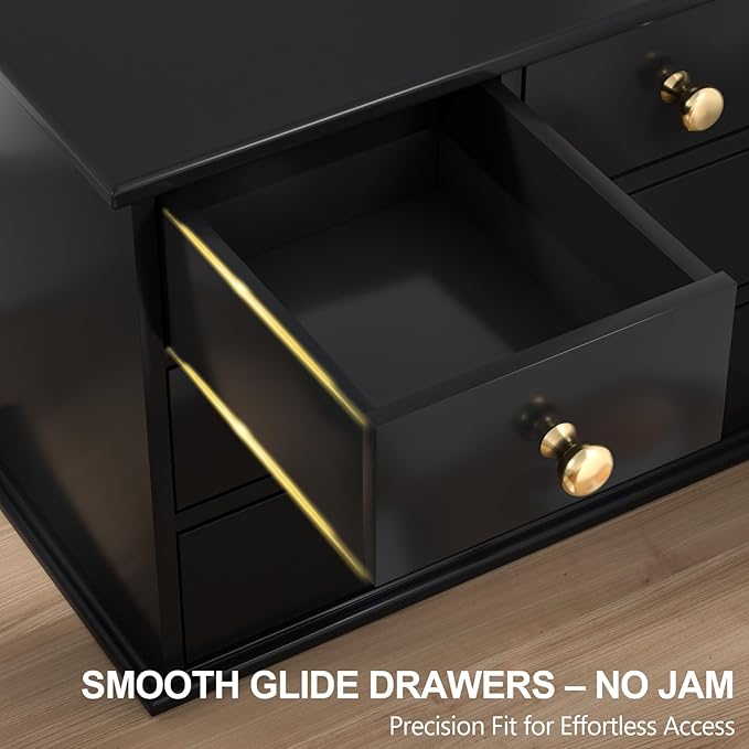 Oak Desk Organizer with Drawers, Durable Wooden Desktop Storage Box | 5 Drawer Tabletop Organizer with Metal Handles & Non-Slip Pads for Office, Bedroom, Bathroom, Vanity & Makeup Storage, Black