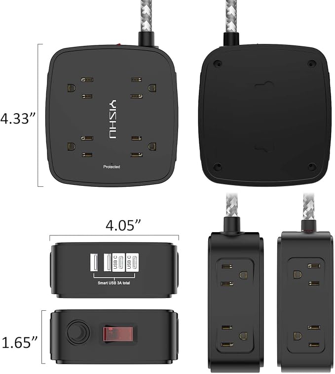 Surge Protector Power Strip - YISHU 8 Outlets with 4 USB (2 USB C) Charging Ports, 10Ft Braided Extension Cord, Flat Plug Multi Plug Outlet Extender Charging Station for Home Office, ETL, Black