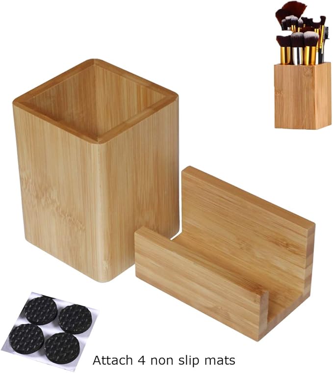 Bamboo Wooden Pen Holder Cup and Desk Business Card Holder Stand for Office Home School 2 Packs