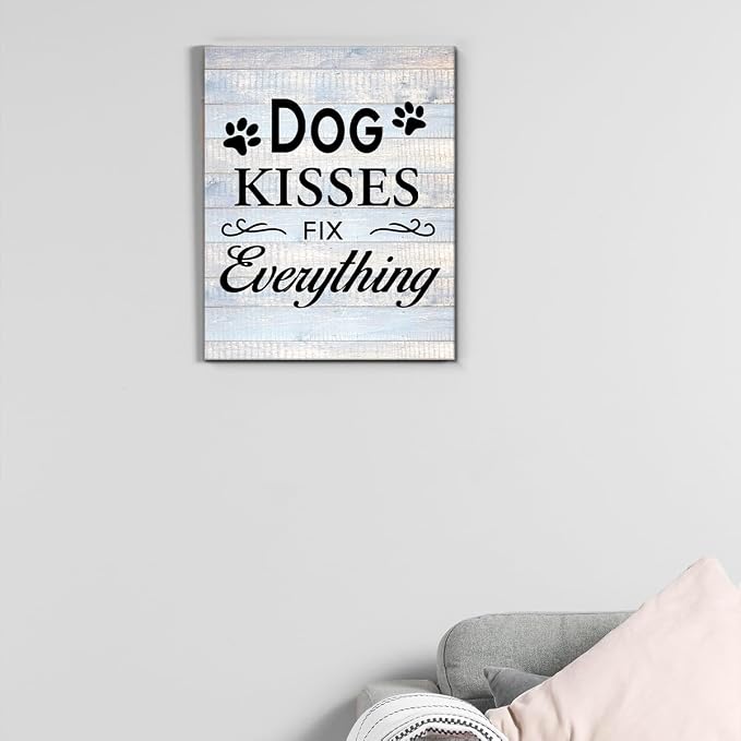 Funny Farmhouse Dog Canvas Wall Art Decor Dog Kisses Fix Everything Rustic Sign Painting Plaque Vintage Animal Pictures Print Home Decoration (11.5 X 15 Inches, Framed)