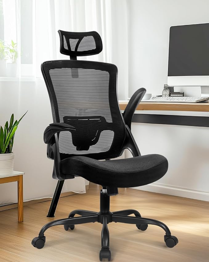 NEO Chair Office Chair High Back Desk Chair Comfy Gaming Computer Mesh Seat with Ergonomic Lumbar Adjustable Headrest Rolling Flip-up Armrests and Wheels (Dark Black)